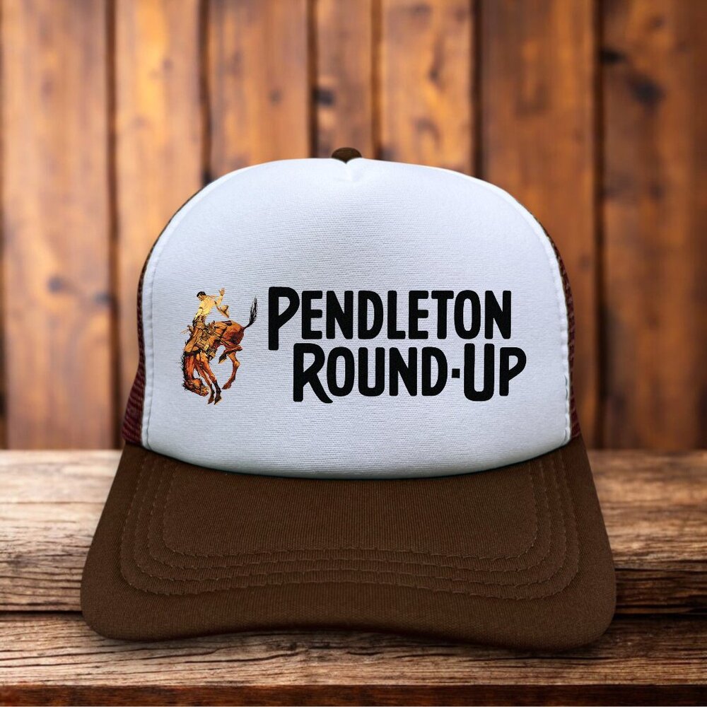 Pendleton Round Up Rodeo Mens Trucker Hat Brown Snapback Oregon Western Cowboy